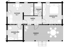 House 70 m2 dengan dua kamar tidur dan teras rinci besar tata letak +