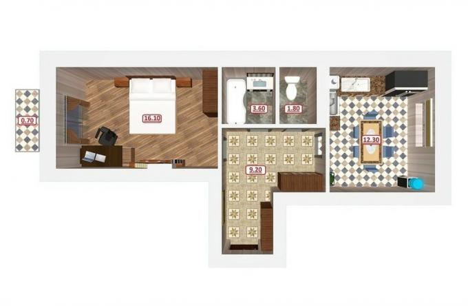 Studio apartment-rompi: Kiri kamar tidur, ke kanan - dapur