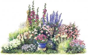 Petak bunga "Ratu": sebuah taman bunga mewah untuk musim panas berselera (3 m) skema, foto, deskripsi